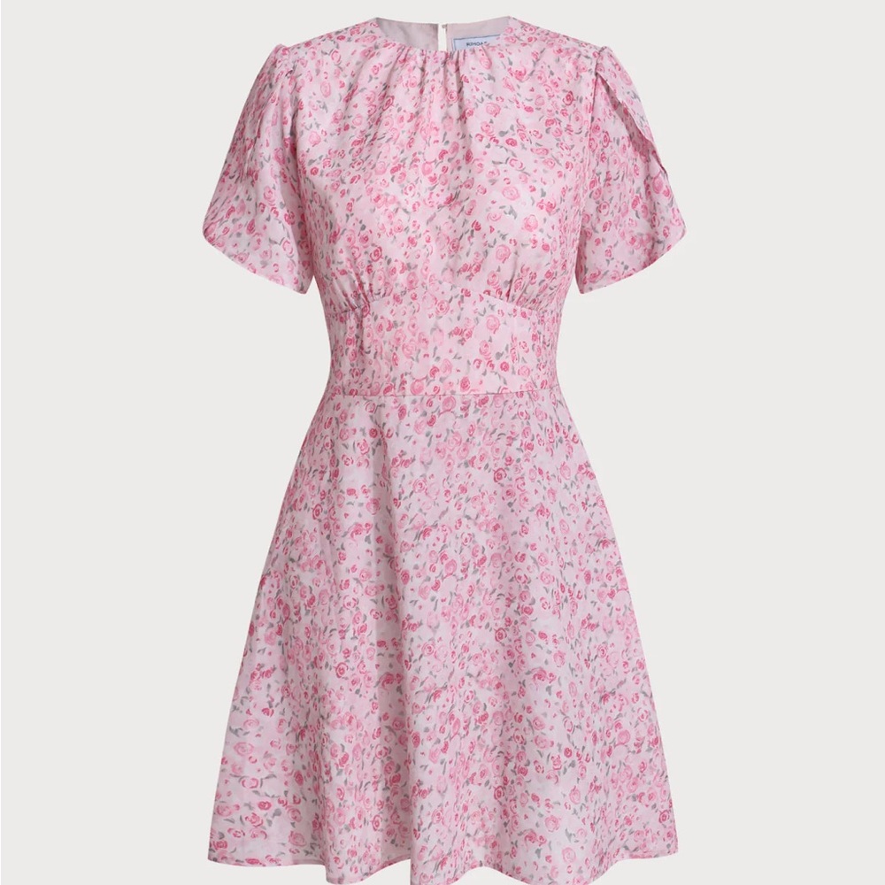 Pink Floral Round Neck Pleated Mini Dress - Picture 5 of 8